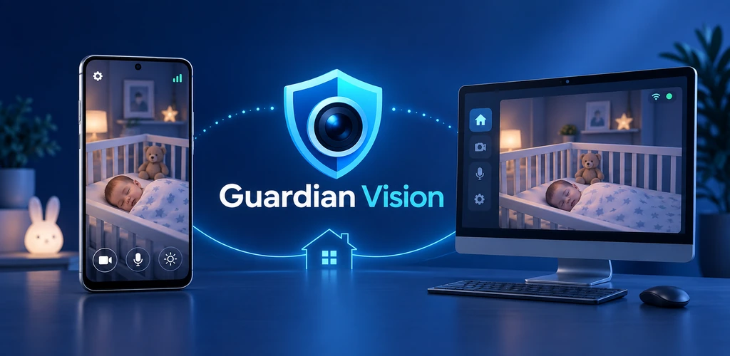 Guardian Vision promotional artwork showing a phone, shield logo and PC monitor in a baby nursery
